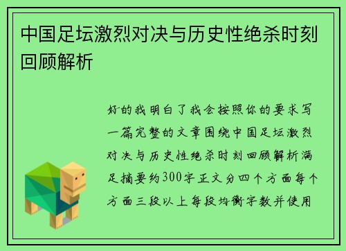 中国足坛激烈对决与历史性绝杀时刻回顾解析