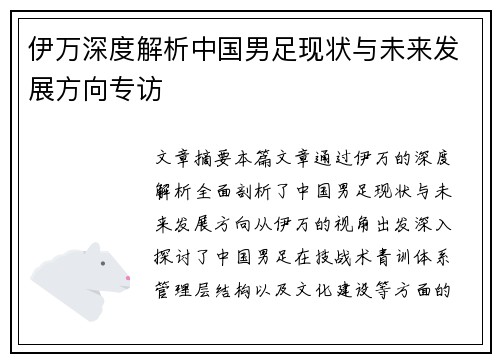 伊万深度解析中国男足现状与未来发展方向专访